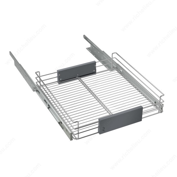 Adjustable sliding storage basket in chrome metal wire