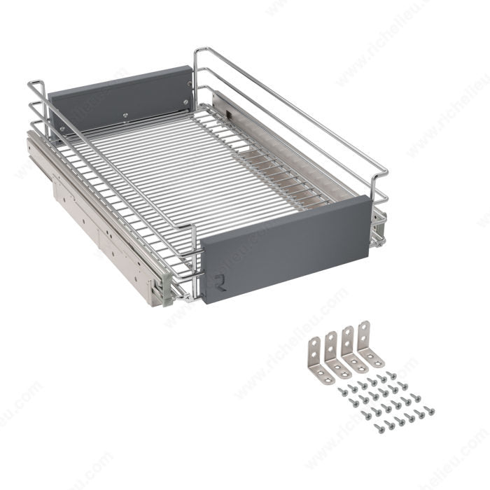 Adjustable sliding storage basket in chrome metal wire