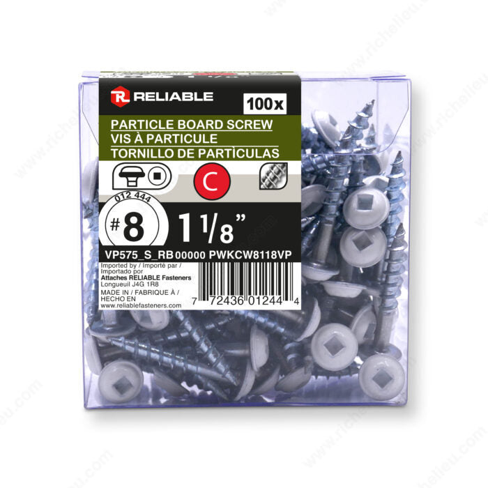 Vis à bois/particule, tête blanche ronde avec rondelle, embout carré, gros filet 1-1/8 pouce