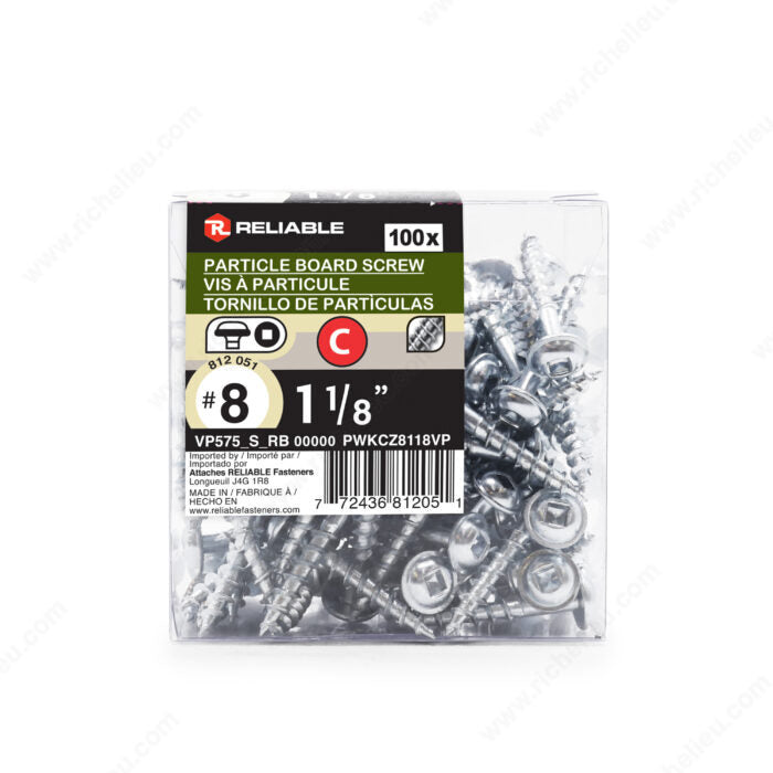 Vis à bois zinguée, tête cylindrique bombée à rondelle, empreinte carrée, gros filet 1-1/8 Pouces