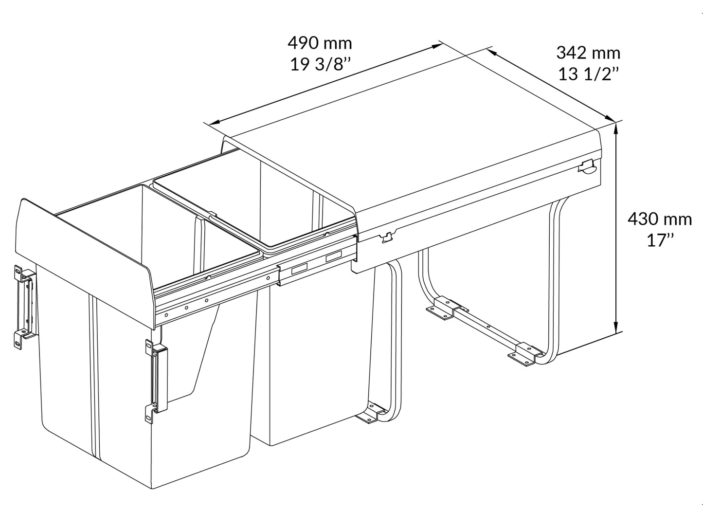 DB 16'' 40L sliding bin 2 grey bins with front fixings
