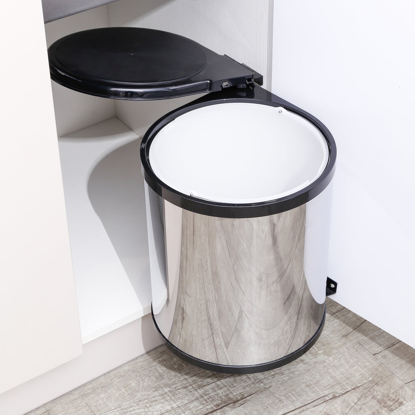 Round swivel bin, stainless steel and black, 14L