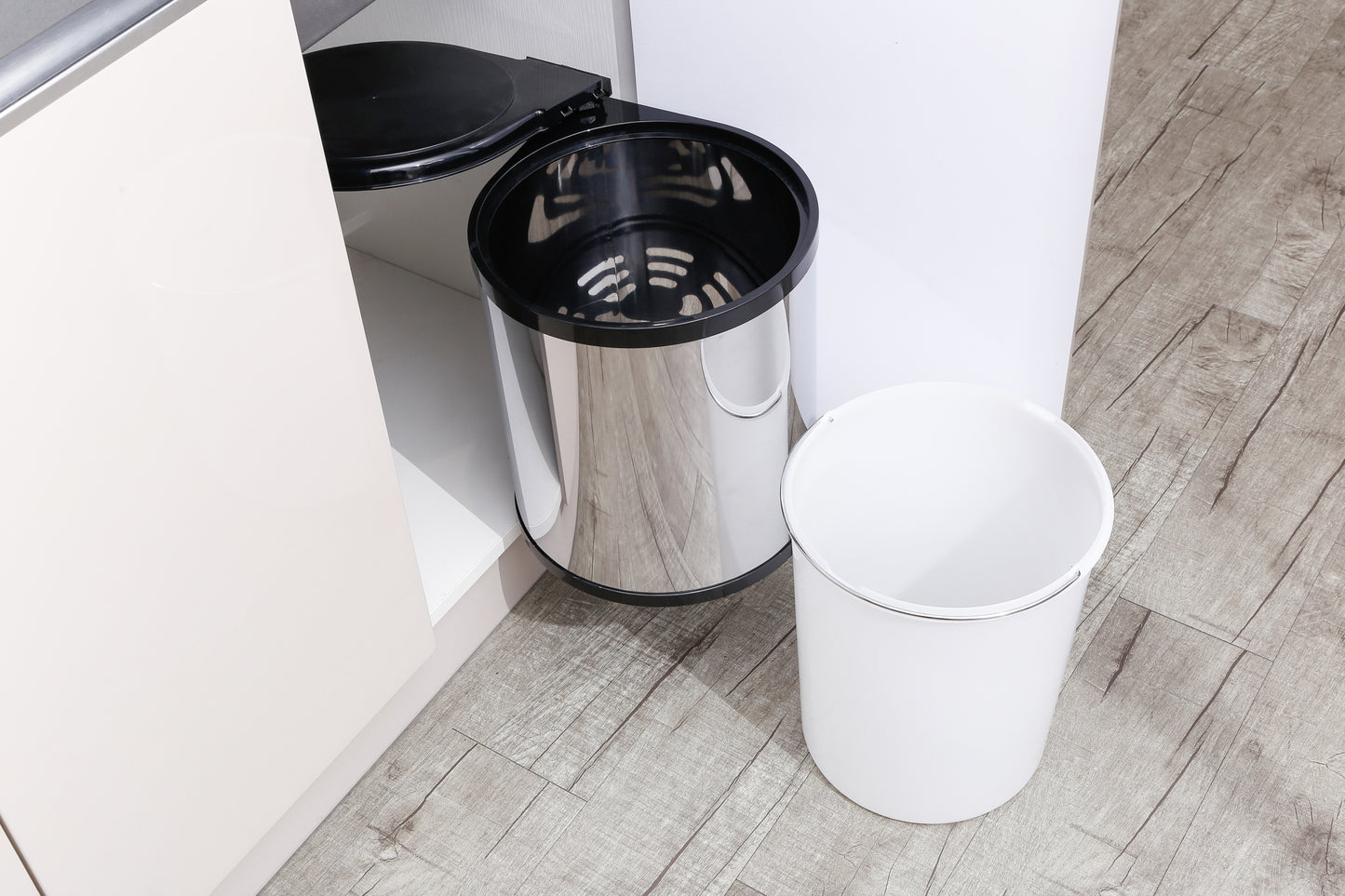 Round swivel bin, stainless steel and black, 14L